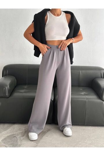 Geniş Paça Beli  Lastikli Düğmeli Palazzo Pantolon