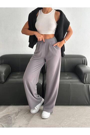 Geniş Paça Beli  Lastikli Düğmeli Palazzo Pantolon