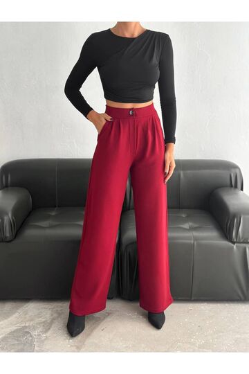 Geniş Paça Beli  Lastikli Düğmeli Palazzo Pantolon