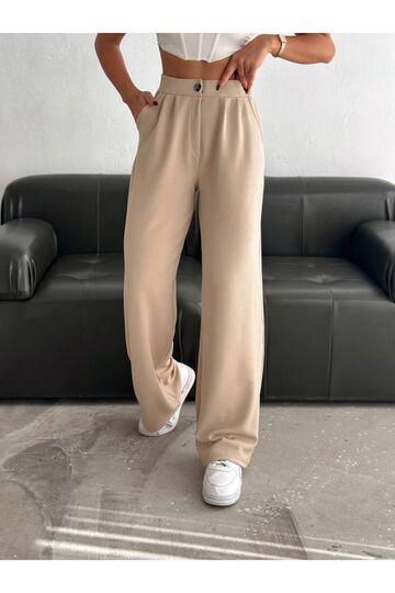Geniş Paça Beli  Lastikli Düğmeli Palazzo Pantolon