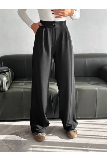 Geniş Paça Beli  Lastikli Düğmeli Palazzo Pantolon
