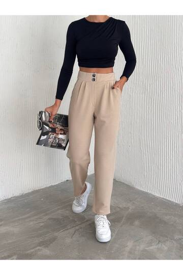 KREP SÜS DÜĞMELİ BELİ LASTİKLİ HAVUÇ KALIP PANTOLON