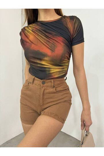 Drabe Yaka Batik Sarı Bluz