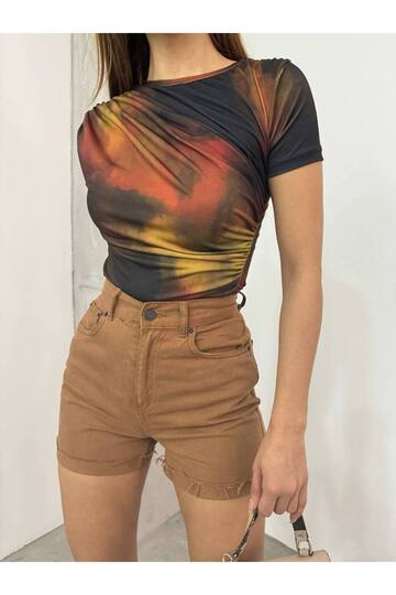 Drabe Yaka Batik Sarı Bluz