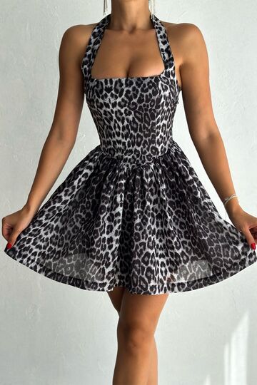 Leopar Desenli Prenses Elbise