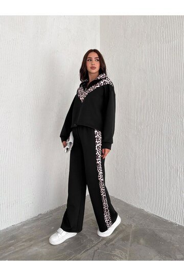 LEOPAR GARNİLİ DİK YAKA FERMUARLI SCUBA KUMAŞ EŞOFMAN TAKIM