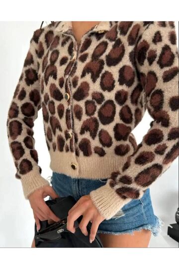 Leopar Desen Düğmeli Yumuşak Crop Hırka