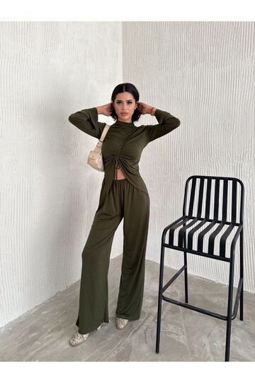 Sandy Kumaş Körüklü Bluz Pantolon İkili Takım
