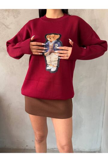 Nakışlı Oversize Ayıcıkıklı Triko Kazak