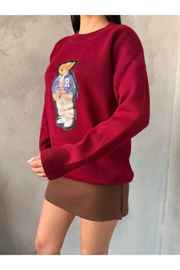 Nakışlı Oversize Ayıcıkıklı Triko Kazak