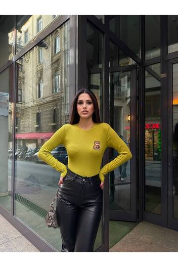 Bisiklet Yaka Yeşil Uzun Kollu Teddy Baskılı Bluz