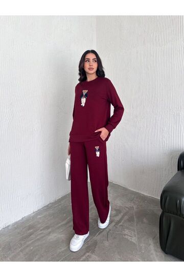 Teddy Nakışlı Modal Fgeniş Paça Eşofman Takım