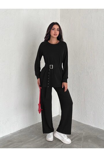KEMERLİ MODAL KUMAŞ GENİŞ PAÇA TAKIM