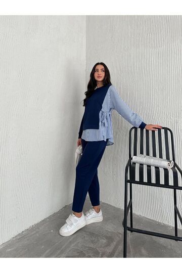 Poplin Bağlamalı Çizgi Detaylı Oversize Modal Kumaş Takım