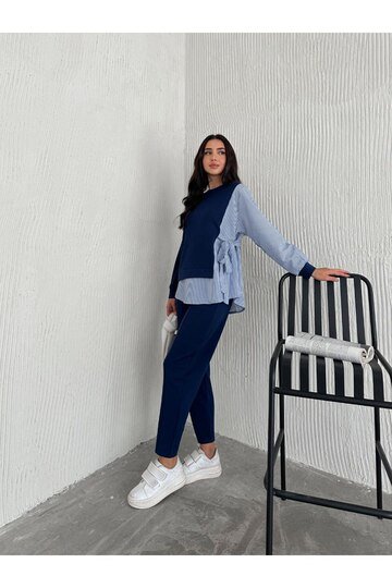POPLİN BAĞLAMALI ÇİZGİ DETAYLI OVERSİZE MODAL KUMAŞ TAKIM