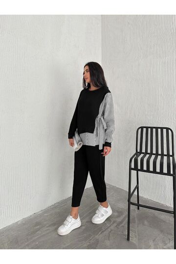 Poplin Bağlamalı Çizgi Detaylı Oversize Modal Kumaş Takım