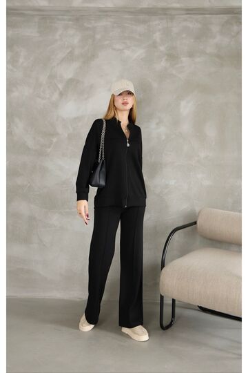 Oversize Fermuarlı Çıma Detaylı  Geniş Paça Modal Kumaş Eşofman Takım