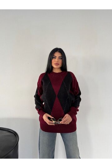 Oversize Baklava Desenli Triko Kazak