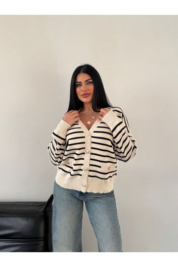 Çizgili Düğmeli Cep Detaylı  Oversize Triko Hırka