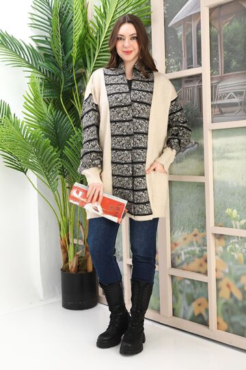 Örme Detaylı Oversize Cepli Uzun Triko Hırka