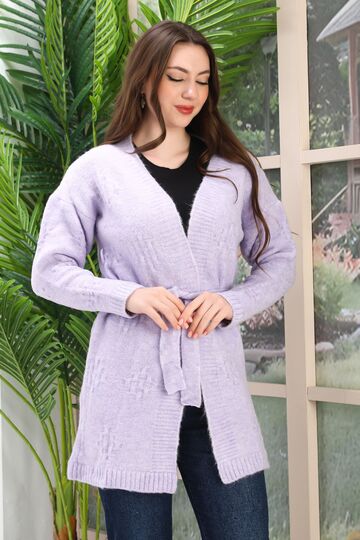 Kuşaklı Oversize Örme Detaylı Triko Hırka
