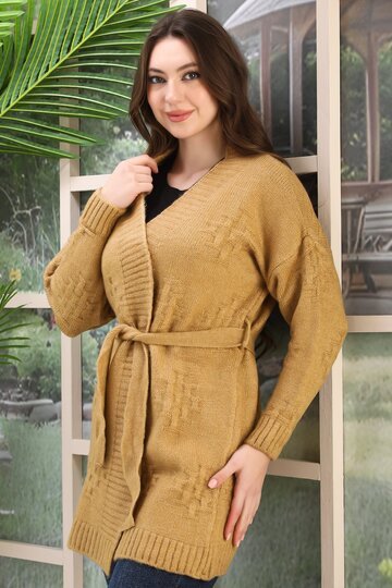 KUŞAKLI OVERSİZE ÖRME DETAYLI TRİKO HIRKA