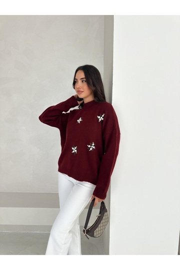 Çiçek Desenli Balıkçı Yaka Triko Kazak