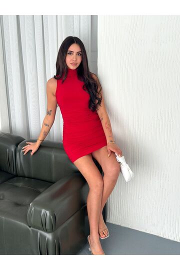 Büzgü Detaylı Carmel Balıkçı Yaka Astarlı Mini Elbise