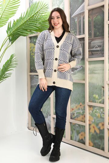 Oversize Yumuşak Kalp Desenli Örme Detaylı Düğmeli Triko Hırka