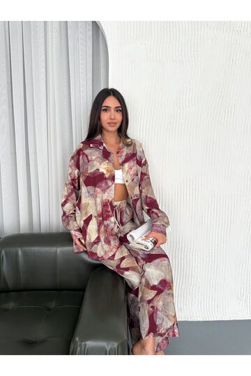 Desenli Dijital Baskılı Modal Lilyum Kumaş Gömlekli Takım