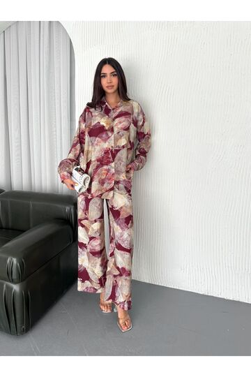 Desenli Dijital Baskılı Modal Lilyum Kumaş Gömlekli Takım