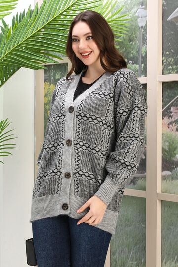 Oversize Yumuşak Kalp Desenli Örme Detaylı Düğmeli Triko Hırka