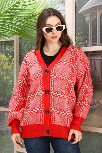 Oversize Yumuşak Kalp Desenli Örme Detaylı Düğmeli Triko Hırka