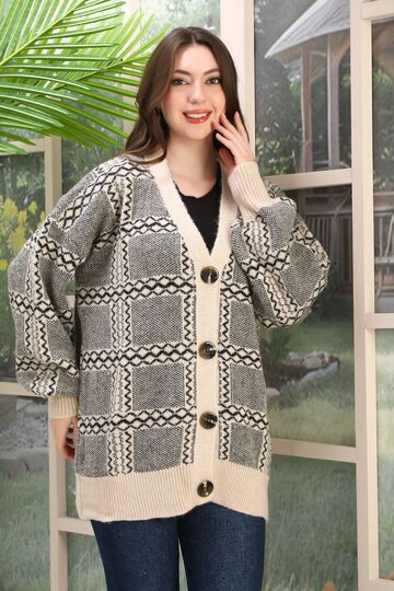 Oversize Yumuşak Kalp Desenli Örme Detaylı Düğmeli Triko Hırka