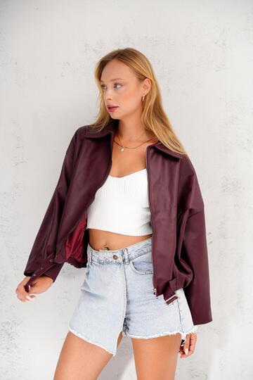 Oversize Bomber Kemerli Fermuarlı Deri Ceket