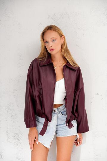 Oversize Bomber Kemerli Fermuarlı Deri Ceket