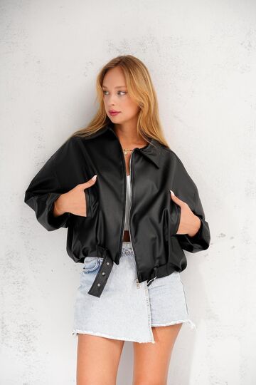 Oversize Bomber Kemerli Fermuarlı Deri Ceket