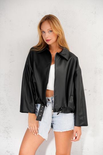 Oversize Bomber Kemerli Fermuarlı Deri Ceket