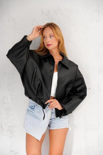 Oversize Bomber Kemerli Fermuarlı Deri Ceket