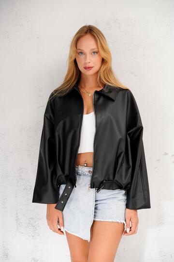 Oversize Bomber Kemerli Fermuarlı Deri Ceket