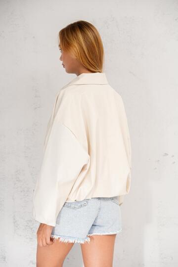 Oversize Bomber Kemerli Fermuarlı Deri Ceket
