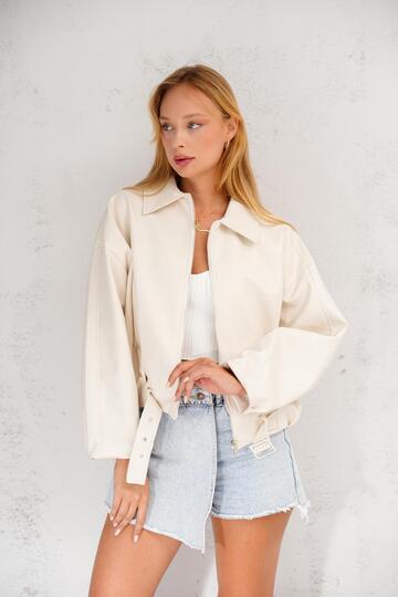 Oversize Bomber Kemerli Fermuarlı Deri Ceket