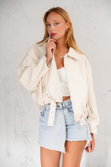 Oversize Bomber Kemerli Fermuarlı Deri Ceket