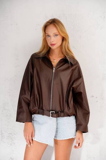 Oversize Bomber Kemerli Fermuarlı Deri Ceket