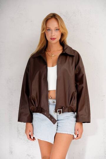 Oversize Bomber Kemerli Fermuarlı Deri Ceket