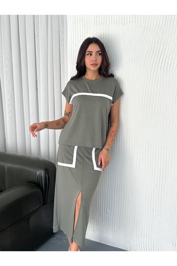 ŞERİT DETAYLI MODAL KUMAŞ ETEKLİ TAKIM