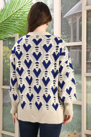 Oversize Yumuşak Kalp Desenli Örme Detaylı Düğmeli Triko Hırka