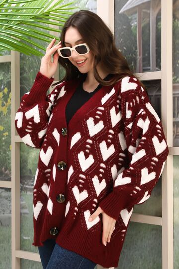 Oversize Yumuşak Kalp Desenli Örme Detaylı Düğmeli Triko Hırka