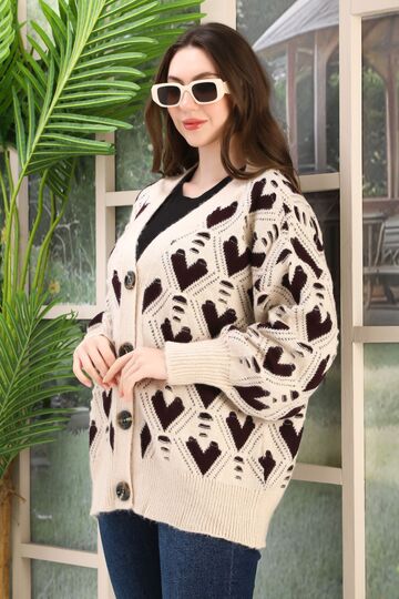 Oversize Yumuşak Kalp Desenli Örme Detaylı Düğmeli Triko Hırka