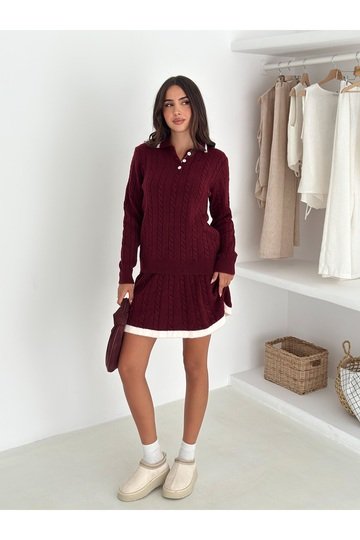 Polo Yaka Saç Örgülü Çizgi Detaylı Triko Etekli Takım